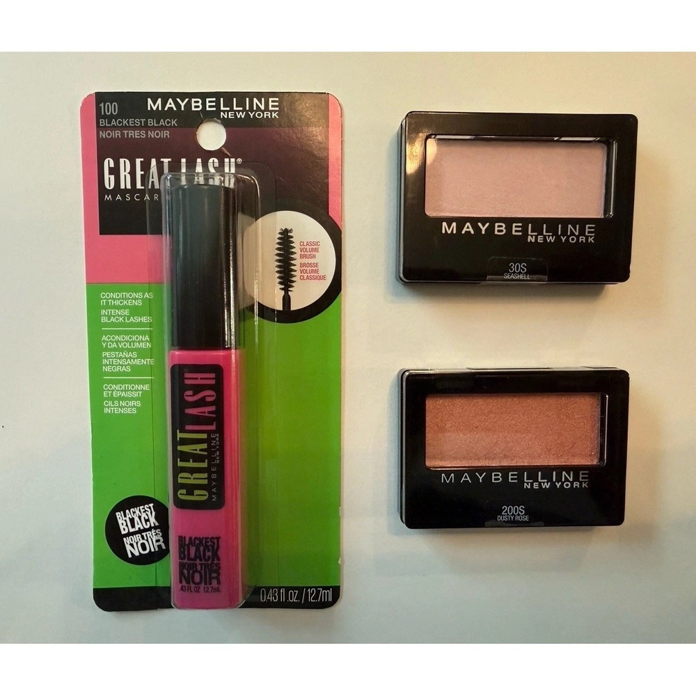 Maybelline Lot Of 3 Great Lash Mascara Blackest Black , Eye Shadow Seashell Rose